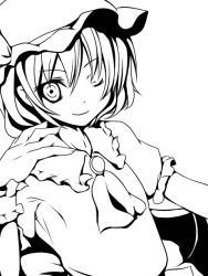 Rule 34 | 1girl, akina (artist), akina (schism), ascot, bad id, bad pixiv id, bat wings, brooch, female focus, greyscale, hat, jewelry, lineart, monochrome, one eye closed, remilia scarlet, short hair, smile, solo, touhou, transparent background, upper body, wings, wink