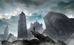 Rule 34 | animal, bird, blankcoin, cat, cathedral, cloud, fantasy, magic, original, ruins, scenery, signature, standing, tower, weapon, weapon on back