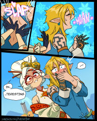 Rule 34 | 1boy, 1girl, backless outfit, bare shoulders, black gloves, blonde hair, blue dress, blue eyes, blush, breasts, closed eyes, comic, covering own mouth, day, dress, embarrassed, english text, frostbite set (zelda), glasses, gloves, hair bun, hair ornament, hair stick, highres, link, long hair, long sleeves, medium breasts, moaning, nintendo, outdoors, pointy ears, purah, red-framed eyewear, red eyes, round eyewear, shoulder blades, slapping, smug, snegovski, snowflakes, speech bubble, sweat, talking, tattoo, the legend of zelda, the legend of zelda: tears of the kingdom, white dress, white hair, worried