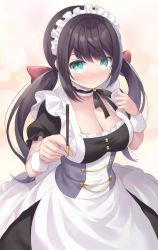 Rule 34 | 1girl, apron, azur lane, black hair, blue eyes, blush, breasts, cleavage, commentary request, dress, food, glasgow (azur lane), highres, large breasts, long hair, looking at viewer, low twintails, maid, maid headdress, partial commentary, pocky, pocky day, ribbon, sakuba nao, short sleeves, solo, twintails, wrist cuffs