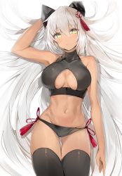 Rule 34 | 1girl, :&lt;, arm at side, arm up, armpits, bare arms, bare shoulders, black panties, black thighhighs, blush, breasts, breasts apart, closed mouth, covered collarbone, cowboy shot, dark-skinned female, dark skin, fate/grand order, fate (series), groin, hair between eyes, halterneck, highres, large breasts, long hair, looking at viewer, majin saber, navel, okita souji (fate), okita souji alter (fate), panties, silver (chenwen), silver hair, simple background, solo, thigh gap, thighhighs, underwear, very long hair, white background, yellow eyes