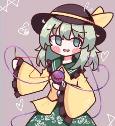 Rule 34 | 1girl, absurdres, black hat, blush, bow, buttons, diamond button, floral print, frilled shirt collar, frilled sleeves, frills, green eyes, green hair, green skirt, hat, hat bow, heart, heart of string, highres, holding, holding needle, komeiji koishi, light green hair, long sleeves, medium hair, needle, open mouth, rose print, sewing, sewing needle, shirt, simple background, skirt, sleeves past fingers, sleeves past wrists, solo, third eye, touhou, waroemon, yellow bow, yellow shirt