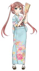 Rule 34 | 10s, asagumo (kancolle), blush, bow, brown hair, cherry print, floral print, flower, food print, full body, geta, grin, hagoita, hair flower, hair ornament, hair rings, highres, japanese clothes, kantai collection, kimono, long hair, looking at viewer, nuno (pppompon), paddle, ribbon, grey eyes, simple background, smile, tabi, teeth, twintails, very long hair, white background