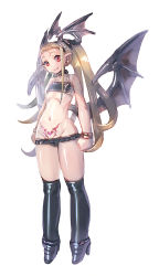 Rule 34 | 1girl, bare shoulders, belt bra, black legwear, black panties, blonde hair, blush, boots, bow (bhp), bracelet, clenched hands, closed mouth, demon girl, demon wings, earrings, fang, fang out, flat chest, frilled panties, frills, full body, head wings, high heel boots, high heels, highleg, highleg panties, hoop earrings, jewelry, knee boots, long hair, looking at viewer, original, panties, pointy ears, ponytail, pubic tattoo, red eyes, simple background, smile, solo, standing, tattoo, underwear, very long hair, white background, wings