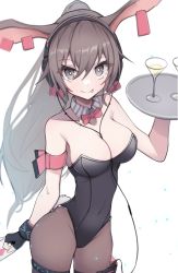 Rule 34 | 1girl, :p, animal ears, april (arknights), arknights, bare shoulders, between breasts, black leotard, black pantyhose, bow, bowtie, breasts, brown hair, cleavage, cocktail glass, collarbone, commentary, covered navel, cowboy shot, cup, detached collar, dot nose, drinking glass, ear ornament, eyelashes, fingerless gloves, gloves, grey eyes, hair between eyes, headphones, high ponytail, highleg, highleg leotard, highres, holding, holding tray, leotard, long hair, looking at viewer, matchadzuke, medium breasts, pantyhose, playboy bunny, rabbit tail, simple background, solo, strapless, strapless leotard, tail, thigh strap, tongue, tongue out, tray, white background, wire, wrist cuffs