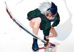 Rule 34 | 1girl, artist name, bare legs, blood, blood on face, blue eyes, blue footwear, dated, floating hair, gotou (nekocat), green jacket, hair ribbon, hairband, highres, holding, holding sword, holding weapon, jacket, konpaku youmu, konpaku youmu (ghost), looking at viewer, one eye closed, open mouth, reflection, ribbon, shoes, signature, silver hair, simple background, solo, sword, touhou, weapon, white background
