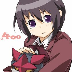 Rule 34 | 00s, 1girl, bamboo blade, black hair, blush, bow, bowtie, collar, eyebrows, forgotten artist, holding, kawazoe tamaki, long sleeves, looking at viewer, machinery, purple eyes, red bow, red bowtie, robot, ryman, simple background, solo, upper body, white background