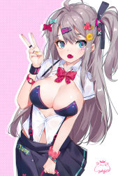 Rule 34 | 1girl, absurdres, ahoge, black bra, black skirt, blue eyes, bow, bowtie, bra, breasts, cleavage, collared shirt, cowboy shot, fang, framed breasts, grey hair, hair bow, hand up, highres, jewelry, jiujiuyatou (yayanzz), large breasts, long hair, looking at viewer, miniskirt, one side up, open mouth, original, partially unbuttoned, pleated skirt, ring, scrunchie, shirt, short sleeves, skirt, solo, strapless, strapless bra, suspenders, underwear, v, white shirt, wrist scrunchie