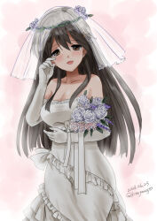 Rule 34 | 1girl, alternate costume, black hair, bouquet, breasts, bridal veil, bride, brown eyes, cleavage, cowboy shot, dated, dress, elbow gloves, flower, frilled dress, frills, gloves, haruna (kancolle), kantai collection, kitagawa mikio, long hair, looking at viewer, medium breasts, smile, solo, twitter username, veil, wedding dress, white gloves