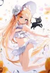 Rule 34 | 1girl, abigail williams (fate), abigail williams (swimsuit foreigner) (fate), abigail williams (swimsuit foreigner) (third ascension) (fate), bare legs, bare shoulders, barefoot, bikini, black cat, blonde hair, blue eyes, blush, bonnet, bow, breasts, cat, fate/grand order, fate (series), forehead, hair bow, highres, kinsuke z, legs, long hair, looking at viewer, miniskirt, navel, open mouth, parted bangs, sidelocks, skirt, small breasts, solo, swimsuit, thighs, twintails, very long hair, white bikini, white bow, white headwear
