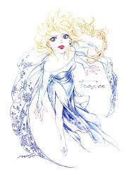 Rule 34 | 1girl, bare shoulders, blue dress, braid, colored pencil (medium), dated, dress, elsa (frozen), eyeshadow, frozen (disney), full body, lipstick, long hair, makeup, parted lips, red lips, side slit, signature, single braid, snowflakes, solo, standing, strapless, strapless dress, temari114, traditional media