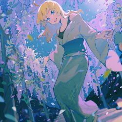 Rule 34 | 1girl, ahoge, black tank top, blonde hair, blue kimono, bocchi the rock!, chinese commentary, commentary request, falling petals, flower, highres, huang ya cai rou si chao niangao, japanese clothes, kimono, long hair, long sleeves, looking at viewer, obi, off shoulder, open mouth, petals, sash, shimizu eliza, solo, tank top, teeth, upper teeth only