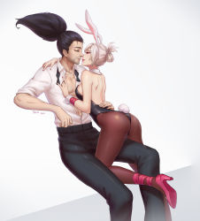 Rule 34 | 1boy, 1girl, abs, absurdres, alternate costume, animal ears, artist name, bare shoulders, battle bunny riven, black hair, breasts, closed eyes, fake animal ears, folded ponytail, high heels, highres, kezi, league of legends, leotard, long hair, muscular, necktie, open clothes, open shirt, pantyhose, parted lips, playboy bunny, ponytail, rabbit ears, rabbit tail, red eyes, riven (league of legends), scar, short hair, tail, white hair, wrist cuffs, yasuo (league of legends)