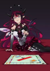 Rule 34 | 1girl, bed, black background, blue eyes, board game, breasts, detached sleeves, dress, dunkemz, grey background, halo, heterochromia, highres, hololive, hololive english, horns, irys (hololive), irys (irys 1.0) (hololive), jewelry, long hair, looking at viewer, medium breasts, monopoly, multicolored hair, nail polish, pink nails, pointy ears, purple hair, red hair, smile, solo, thighhighs, very long hair, virtual youtuber, white dress