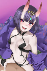 Rule 34 | 1boy, 1girl, bad id, bad pixiv id, black hair, blush, breasts, fangs, fate/grand order, fate (series), girl on top, hair ornament, highres, horns, japanese clothes, koyama mai, navel, oni, open mouth, red eyes, shuten douji (fate), sitting, sitting on person, small breasts, solo focus