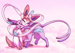 Rule 34 | absurdres, animal focus, bow, closed eyes, collar, creatures (company), espeon, flufflixx, forehead jewel, forked tail, game freak, gen 2 pokemon, gen 6 pokemon, highres, hug, nintendo, pokemon, ribbon, signature, sitting, smile, sylveon, tail, tongue, tongue out