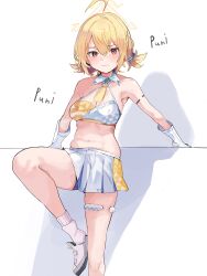 Rule 34 | 1girl, absurdres, ahoge, armlet, armpits, blonde hair, blue archive, braid, breasts, character name, cleavage, commentary request, criss-cross halter, detached collar, ggab0621, gloves, hair between eyes, hair tubes, halo, halterneck, highres, kneehighs, kotori (blue archive), kotori (cheer squad) (blue archive), looking at viewer, low twintails, medium breasts, medium hair, millennium cheerleader outfit (blue archive), navel, official alternate costume, official alternate hairstyle, pleated skirt, plump, red eyes, shoes, sidelocks, simple background, single braid, skirt, sleeveless, sneakers, socks, solo, standing, standing on one leg, stomach, thighlet, twintails, white gloves, white socks