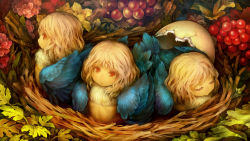 Rule 34 | 3girls, aged down, bird, blonde hair, broken egg, chick, child, closed mouth, dragon&#039;s crown, feathers, flower, food, fruit, game cg, grapes, harpy, harpy (dragon&#039;s crown), highres, in nest, leaf, long hair, monster girl, multiple girls, nest, official art, red eyes, shigatake