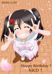 Rule 34 | 1girl, a song for you! you? you!, artist name, artist request, bare legs, belt, black hair, blush, bow, breasts, collarbone, closed eyes, female focus, flower, full body, hair bow, hair flower, hair ornament, highres, looking at viewer, love live!, love live! school idol project, neckerchief, nico nico nii, parted lips, petals, pink neckerchief, pink petals, pink scrunchie, red eyes, red flower, sailor collar, scrunchie, shirt, shoes, short hair, skirt, small breasts, smile, solo, twintails, white belt, white bow, white footwear, white legwear, white shirt, white skirt, yazawa nico, zomiwo oekaki