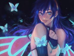 Rule 34 | 1girl, black background, blue butterfly, blue eyes, blue hair, bug, butterfly, clenched hand, faithom, fire emblem, fire emblem heroes, glowing, glowing eye, insect, looking at viewer, lucina (fire emblem), nintendo, official alternate costume, parted lips, realistic, solo