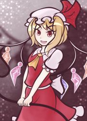 Rule 34 | 1girl, ascot, blonde hair, bow, cafeier, crystal, flandre scarlet, hat, highres, laevatein, looking at viewer, mob cap, open mouth, puffy short sleeves, puffy sleeves, red bow, red eyes, red shirt, red skirt, shirt, short hair, short sleeves, side ponytail, skirt, smile, solo, touhou, upper body, vest, white hat, wings, yellow ascot