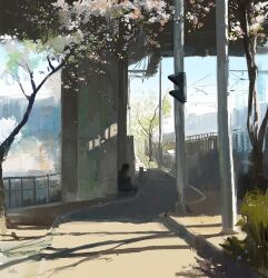 1other animal blue_sky cat cherry_blossoms day original overpass path road scenery shadow sitting sky slow_d sunlight tree under_bridge utility_pole