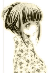 Rule 34 | 1girl, blunt bangs, floral print, from side, ichimai ugou, japanese clothes, kimono, monochrome, original, parted lips, simple background, solo, upper body, white background, yellow theme