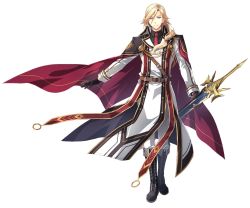Rule 34 | 1boy, belt, black gloves, blonde hair, blue eyes, boots, cape, eiyuu densetsu, falcom, gloves, hair ornament, hajimari no kiseki, high collar, holding, holding sword, holding weapon, long hair, looking at viewer, male focus, necktie, official art, red cape, rufus albarea, side ponytail, simple background, smile, solo, spoilers, sword, weapon, white background