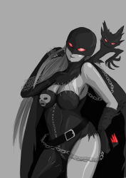 Rule 34 | 1girl, asymmetrical clothes, belt, belt skirt, black lips, breasts, catsuit, chain, claws, demon girl, digimon, digimon (creature), digimon adventure, elbow gloves, gloves, glowing, glowing eyes, ladydevimon, large breasts, latex, leather, lipstick, long hair, makeup, mouya (sars), red eyes, scar, silver hair, simple background, single elbow glove, single glove, skull, solo, stitches, torn clothes