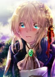 10s 1girl blonde_hair blue_eyes blue_jacket blush braid brooch brown_gloves closed_mouth crying crying_with_eyes_open bad_tag facing_viewer gloves hair_between_eyes hair_ribbon highres holding holding_paper jacket jewelry necklace paper red_ribbon ribbon shimotsukishin sidelocks tears violet_evergarden violet_evergarden_(series) wavy_mouth white_neckwear