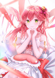 Rule 34 | 1girl, absurdres, bad id, bad pixiv id, bare shoulders, bell, commentary request, daidai (daidai826), dress, earrings, green eyes, hair bell, hair between eyes, hair ornament, hairclip, heart, heart-shaped pillow, highres, hololive, huge filesize, jewelry, light particles, long hair, looking at viewer, one side up, own hands together, pillow, pink hair, sakura miko, sitting, sleeveless, sleeveless dress, smile, solo, strapless, strapless dress, virtual youtuber, white dress