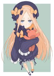 Rule 34 | 1girl, abigail williams (fate), absurdres, bad id, bad twitter id, blonde hair, blue eyes, border, bow, bright pupils, closed mouth, donguri suzume, dress, fate/grand order, fate (series), full body, green background, hair bow, hat, highres, long hair, long sleeves, looking at viewer, multiple hair bows, orange bow, parted bangs, polka dot, polka dot bow, purple bow, purple dress, purple footwear, purple hat, shoes, simple background, sleeves past fingers, sleeves past wrists, solo, standing, stuffed animal, stuffed toy, teddy bear, very long hair, white border, white pupils