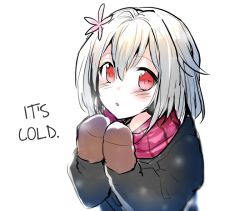 Rule 34 | 1boy, androgynous, blush, erubo, flower, hair ornament, hard-translated, male focus, mittens, open mouth, original, red eyes, scarf, silver hair, solo, third-party edit, translated, trap, white background, yohane bonaventura
