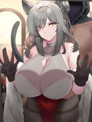 Rule 34 | 1boy, 1girl, absurdres, against glass, animal ears, arknights, breast press, breasts, cleavage, cleavage cutout, clenched teeth, closed mouth, clothing cutout, curvy, dark-skinned male, dark skin, grey hair, hand on another&#039;s shoulder, highres, huge breasts, implied sex, kanta (kanta 077), schwarz (arknights), sexually suggestive, tail, teeth, thick thighs, thighs, waist grab, wide hips, wolf ears, yellow eyes