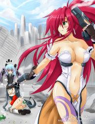 Rule 34 | 3girls, angry, ass, blue hair, blush, breasts, bullet, cleavage, cloud, day, dress, dual wielding, earrings, green eyes, gun, hair over one eye, himeki luna, holding, holding gun, holding weapon, jewelry, large breasts, lilith (vanpri), long hair, multiple girls, navel, okitakung, open clothes, open dress, pelvic curtain, pink hair, red hair, shell casing, shiera (vanpri), sky, ^^^, trigger discipline, vanguard princess, very long hair, weapon