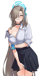 Rule 34 | 1girl, absurdres, arm under breasts, asuna (blue archive), asymmetrical bangs, black choker, black skirt, blue archive, blue eyes, blue halo, blue nails, blue ribbon, blue scrunchie, blush, breasts, buttons, choker, cleavage, cogh0910, collared shirt, commentary, cowboy shot, grin, hair over one eye, hair ribbon, halo, hand on own arm, highres, large breasts, light brown hair, long hair, looking at viewer, miniskirt, mole, mole on breast, nail polish, off shoulder, one eye covered, parted lips, partially unbuttoned, pleated skirt, ribbon, school uniform, scrunchie, shirt, shirt tucked in, simple background, single bare shoulder, skirt, sleeves past elbows, sleeves pushed up, smile, solo, standing, symbol-only commentary, very long hair, white background, white shirt, wrist scrunchie