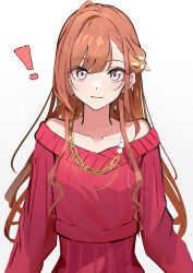 Rule 34 | !, 1girl, arisugawa natsuha, bare shoulders, brown hair, collarbone, commentary, grey eyes, hair ornament, highres, idolmaster, idolmaster shiny colors, jewelry, long hair, looking at viewer, necklace, off-shoulder sweater, off shoulder, red sweater, ribbed sweater, sidelocks, simple background, smile, solo, suyaya oyasumi, sweater, upper body, white background