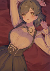 Rule 34 | arm up, bed, blush, borrowed character, braid, breasts, commentary, fang, green eyes, green hair, green skirt, hachikasu otone, hand up, highres, large breasts, long sleeves, looking at viewer, lying, nametarou (meron), neck ribbon, on back, on bed, original, ribbon, shirt, short hair, skirt, suspender skirt, suspenders, white shirt