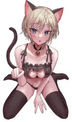 Rule 34 | 1girl, absurdres, anastasia (idolmaster), animal ears, bell, black camisole, black panties, black thighhighs, blue eyes, breasts, camisole, cat cutout, cat ears, cat lingerie, cat tail, cleavage cutout, clothing cutout, grey hair, highres, idolmaster, idolmaster cinderella girls, medium breasts, meme attire, midriff, navel, neck bell, open mouth, panties, parted lips, paw pose, rum raisin (chihiromakita19), short hair, simple background, sitting, solo, tail, thighhighs, underwear, wariza, white background, zettai ryouiki