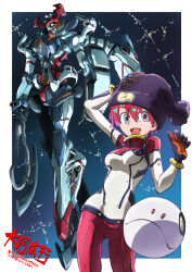 1girl amate_yuzuriha aqua_eyes axe bodysuit breasts glowing glowing_eyes gquuuuuux green_eyes gundam gundam_gquuuuuux haro hat heat_hawk highres holding holding_axe holding_weapon long_sleeves looking_at_viewer mecha mecha_pilot_suit mobile_suit multicolored_bodysuit multicolored_clothes normal_suit open_mouth red_hair robot science_fiction short_hair smile taiga_hiroyuki thrusters v-fin weapon