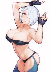 Rule 34 | absurdres, angel (kof), armor, ass, ataruman, bare shoulders, bikini armor, black gloves, breasts, cleavage, collarbone, fingerless gloves, gloves, grey eyes, highres, large breasts, midriff, navel, nipples, stomach, tagme, the king of fighters, thighhighs, white hair