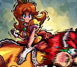 Rule 34 | 1boy, 1girl, artist logo, black collar, blue eyes, bowser, breasts, brooch, brown hair, clenched hand, closed mouth, collar, crown, dress, earrings, eyelashes, flipped hair, flower earrings, frilled dress, frills, gloves, hand up, highres, horns, jewelry, looking at another, mario (series), medium breasts, medium hair, motion lines, nintendo, open hand, orange dress, princess, princess daisy, puffy short sleeves, puffy sleeves, red hair, short sleeves, slap mark, slap mark on face, slapping, smile, solo focus, spiked collar, spikes, stoic seraphim, super mario bros. 1, super mario land, tearing up, thick eyebrows, white gloves, yellow dress