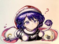Rule 34 | 1girl, ?, closed mouth, cropped torso, doremy sweet, eye20806972, hat, highres, looking at viewer, nightcap, pom pom (clothes), purple eyes, purple hair, red headwear, sheep, simple background, touhou, traditional media, zzz