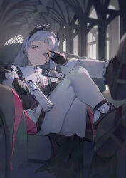 Rule 34 | 1girl, absurdres, arknights, armchair, black dress, black footwear, black gloves, boots, chair, closed mouth, commentary request, dress, earrings, foreshortening, full body, gloves, grey eyes, grey hair, gun, hand on own face, hand up, handgun, head tilt, head wings, highres, holding, holding gun, holding weapon, irene (arknights), jewelry, legs up, long hair, long sleeves, looking at viewer, pantyhose, revolver, scar, scar across eye, sitting, solo, two-tone dress, weapon, white dress, white pantyhose, wings, zhoi star