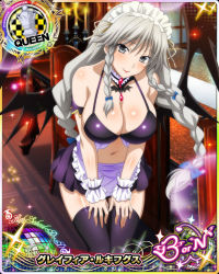 Rule 34 | 1girl, apron, bikini, bikini top only, black bikini, blush, braid, breasts, card (medium), character name, chess piece, cleavage, closed mouth, demon wings, grayfia lucifuge, grey eyes, grey hair, high school dxd, high school dxd born, indoors, large breasts, leaning forward, lipstick, long hair, looking at viewer, maid apron, maid headdress, makeup, midriff, miniskirt, navel, official art, queen (chess), red lips, skirt, smile, solo, standing, swimsuit, thighhighs, trading card, twin braids, wings