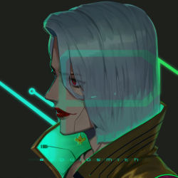Rule 34 | 1girl, artist name, ashe (overwatch), black background, bob cut, closed mouth, cyberpunk (series), cyberpunk 2077, cyborg, grey hair, hair between eyes, highres, lipstick, looking away, makeup, overwatch, overwatch 1, popped collar, portrait, profile, red eyes, red lips, short hair, simple background, smile, solo, squidsmith