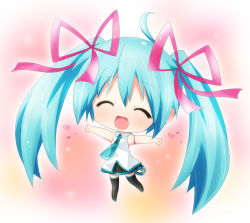 Rule 34 | 1girl, ahoge, aqua hair, chibi, closed eyes, hahifuhe, hair ribbon, hatsune miku, long hair, necktie, open mouth, outstretched arms, ribbon, skirt, solo, spread arms, thighhighs, twintails, very long hair, vocaloid