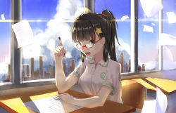 Rule 34 | 1girl, :d, backlighting, black hair, blue sky, blunt bangs, building, buttons, chair, city, classroom, cloud, cloudy sky, collared shirt, commentary request, day, desk, fingernails, glasses, gradient sky, grey eyes, hair ornament, hair tie, hairclip, hand up, highres, holding, holding pen, indoors, ji dao ji, light rays, long hair, looking at viewer, open mouth, original, paper, pen, ponytail, red-framed eyewear, school, semi-rimless eyewear, shirt, short sleeves, sidelocks, sitting, sky, skyscraper, smile, solo, star (symbol), star hair ornament, sunlight, white shirt, wind, window, window shadow