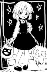 Rule 34 | 1girl, :d, bag, blush, bow, cat, dress, glastonbury1966, greyscale, hair bow, handbag, mary janes, monochrome, open mouth, ribbon, sanya v. litvyak, shoes, short hair, smile, solo, standing, star (symbol), strike witches, world witches series, aged down