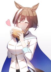 Rule 34 | 1girl, absurdres, animal ears, baozi, blue cape, brown hair, cape, cheval grand (umamusume), closed eyes, commentary, eating, elanore, food, gloves, hands up, heart, highres, holding, holding food, horse ears, horse girl, horse tail, jacket, long sleeves, midriff peek, multicolored hair, navel, short hair, simple background, single glove, solo, streaked hair, tail, two-tone hair, umamusume, upper body, white background, white gloves, white hair, white jacket